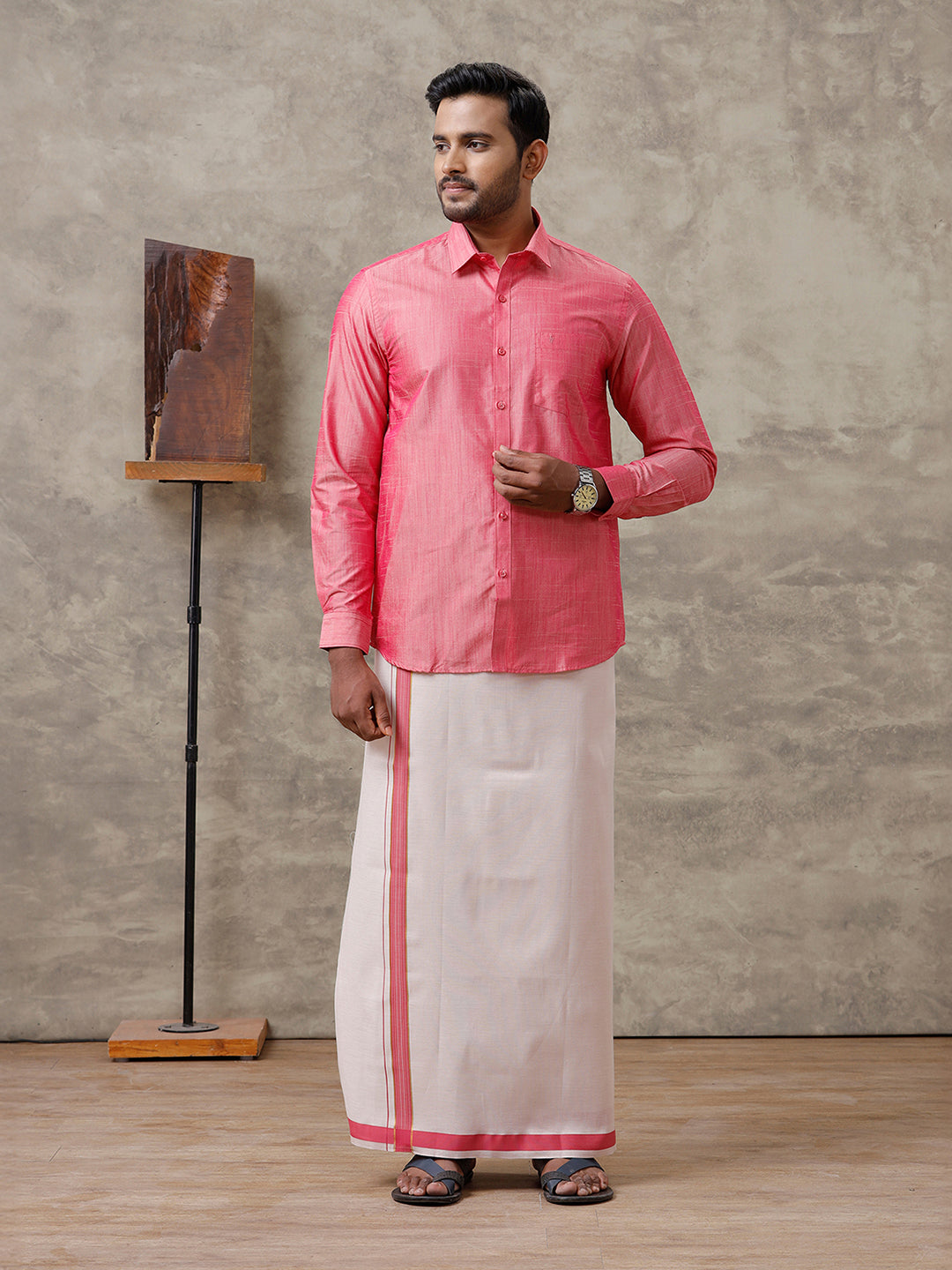 Men Cotton Blend Pink Shirt and Tissue Dhoti Set VB3