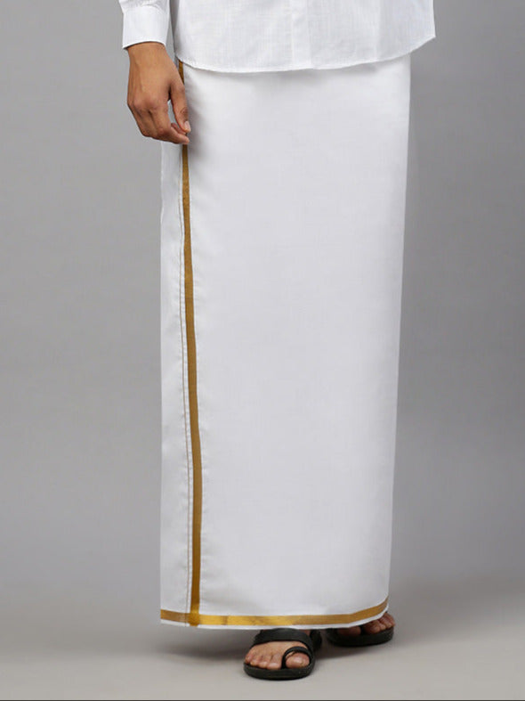 Men Cotton Blend Readymade Double Layer Dhoti with 3/4" Gold Jari Border Genxt