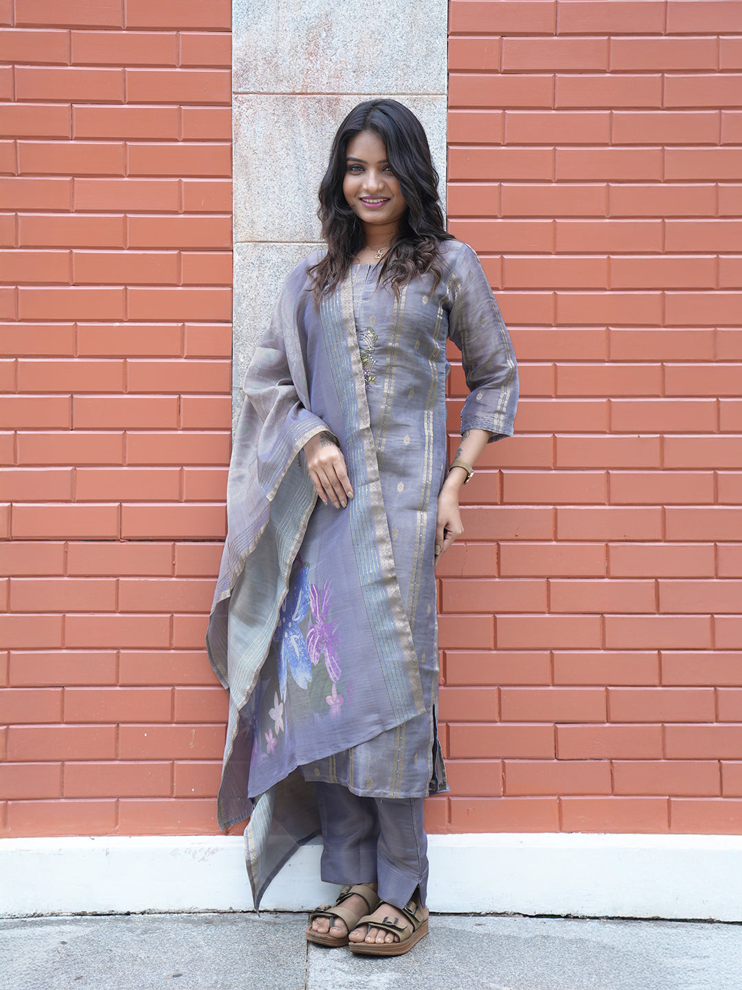 Women Violet Tissue Printed Kurti Set EKS127