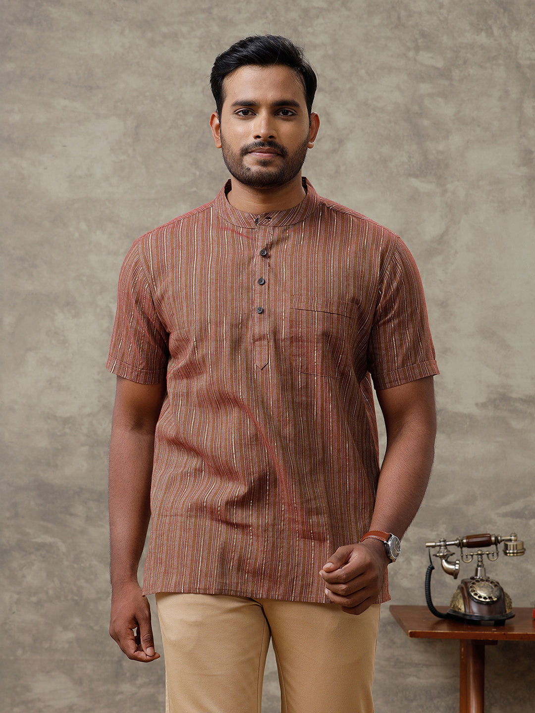 Men Cotton Short Length Striped Pocket Kurta Dark Green RH09