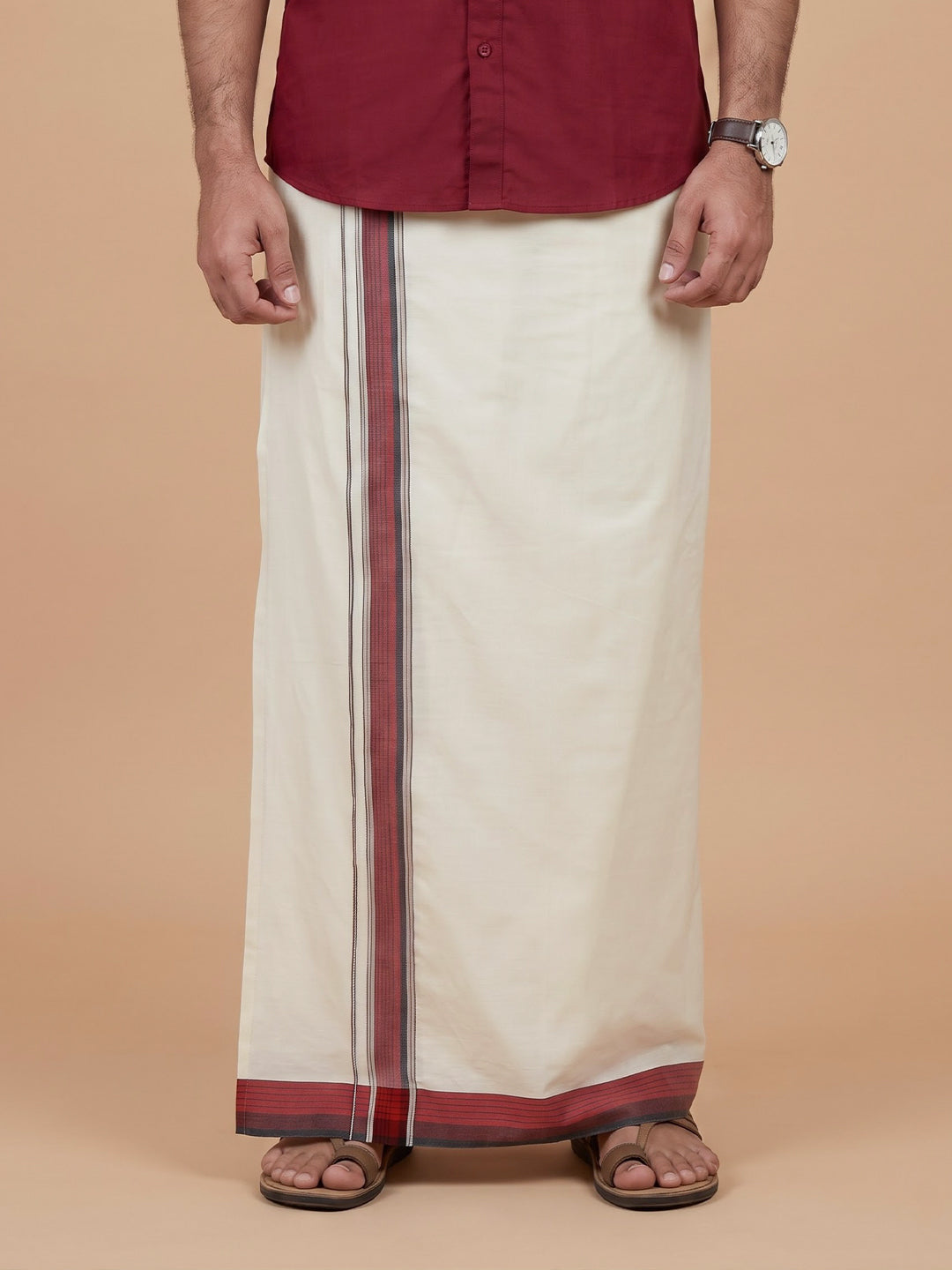 Double Layer 100% Cotton White Dhoti with Colour Jari Border - LC44