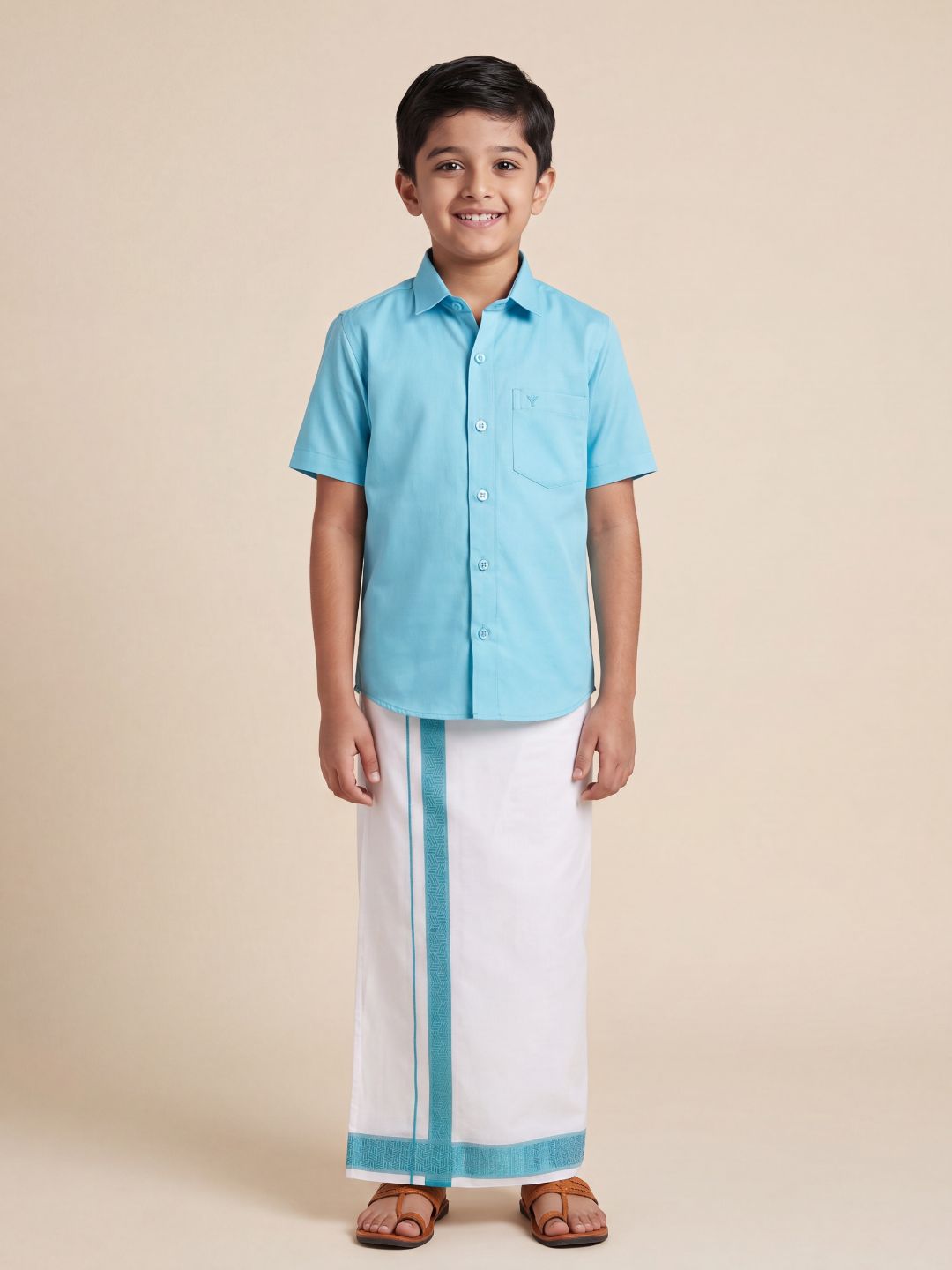 Boys 100% Cotton Sky Blue Shirt and Fancy Border Dhoti Set BT5