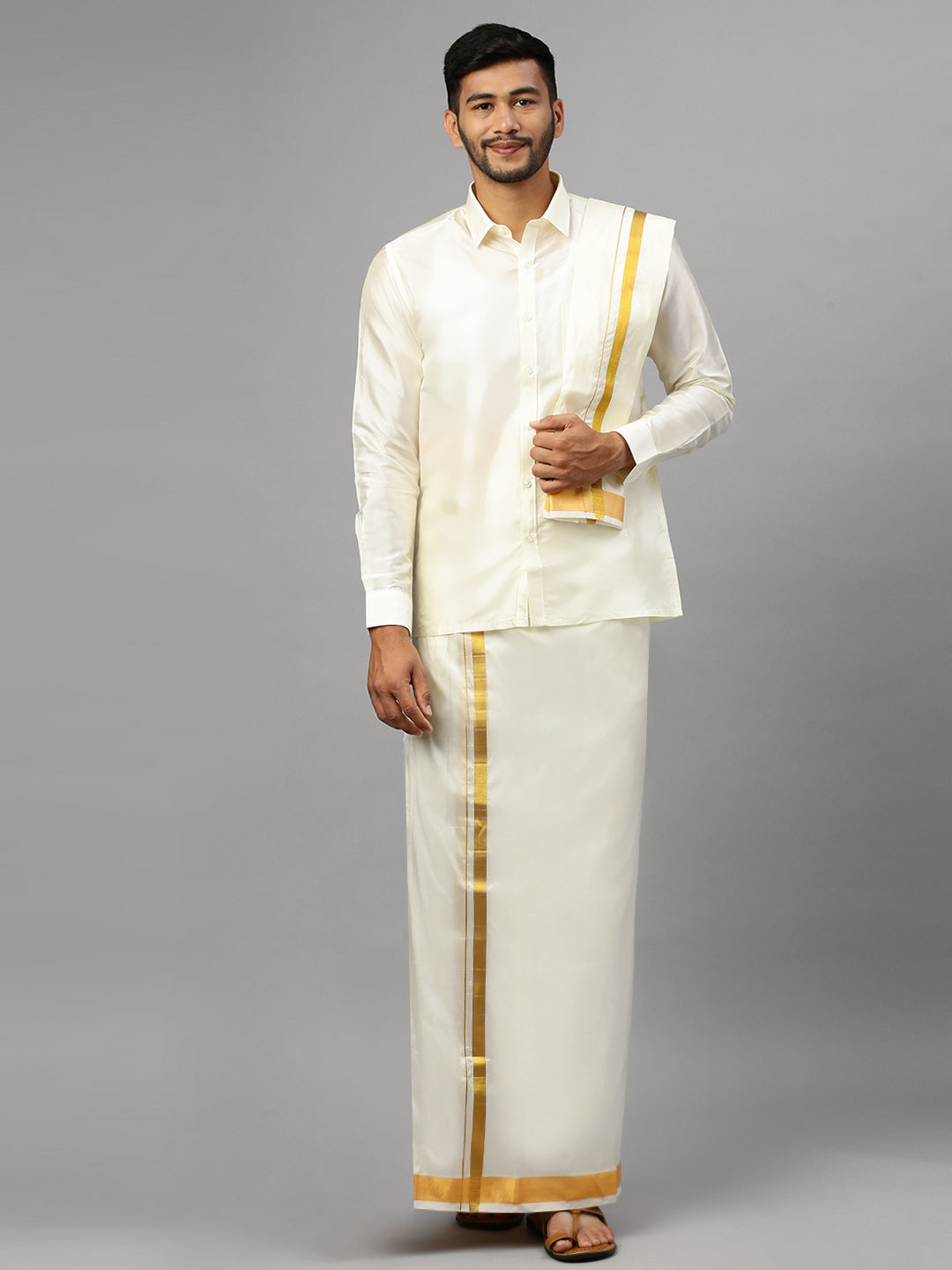 Mens Pure Silk Cream Wedding Set 3/4" Dhoti+Towel+Shirt