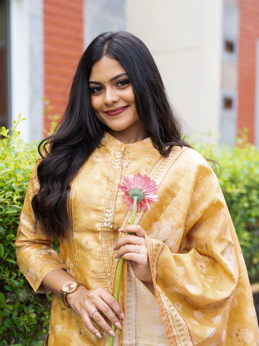 Women Tissue Printed Mustard Kurti Set EKS107