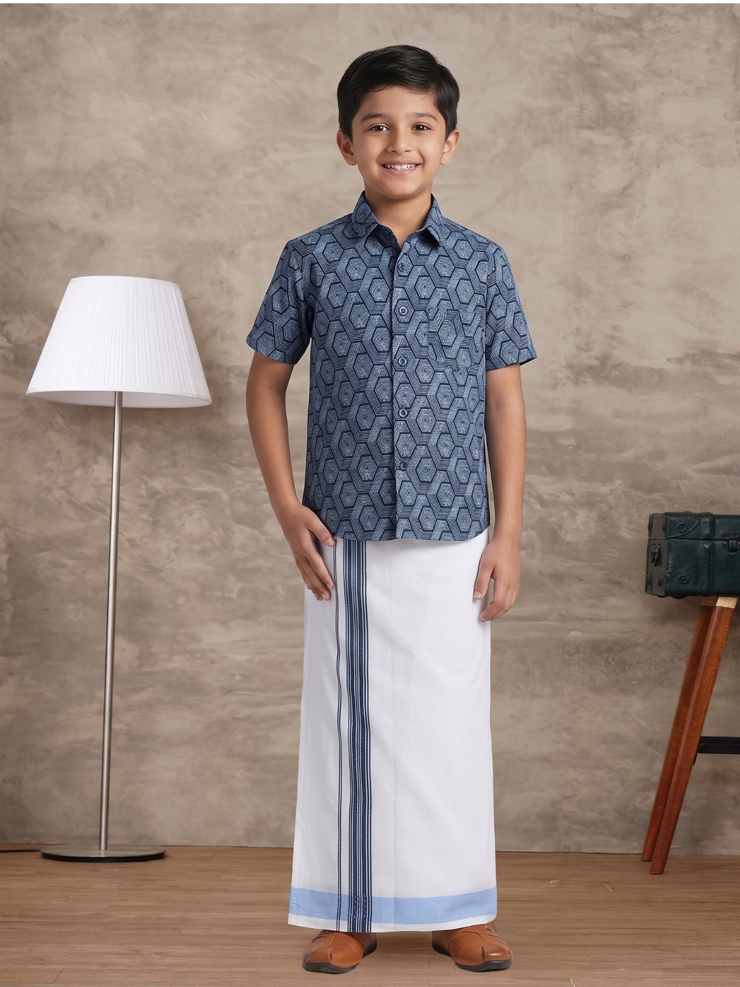 Boys Navy Blue Matching Border Dhoti With Printed Shirt Set Fusion PS25