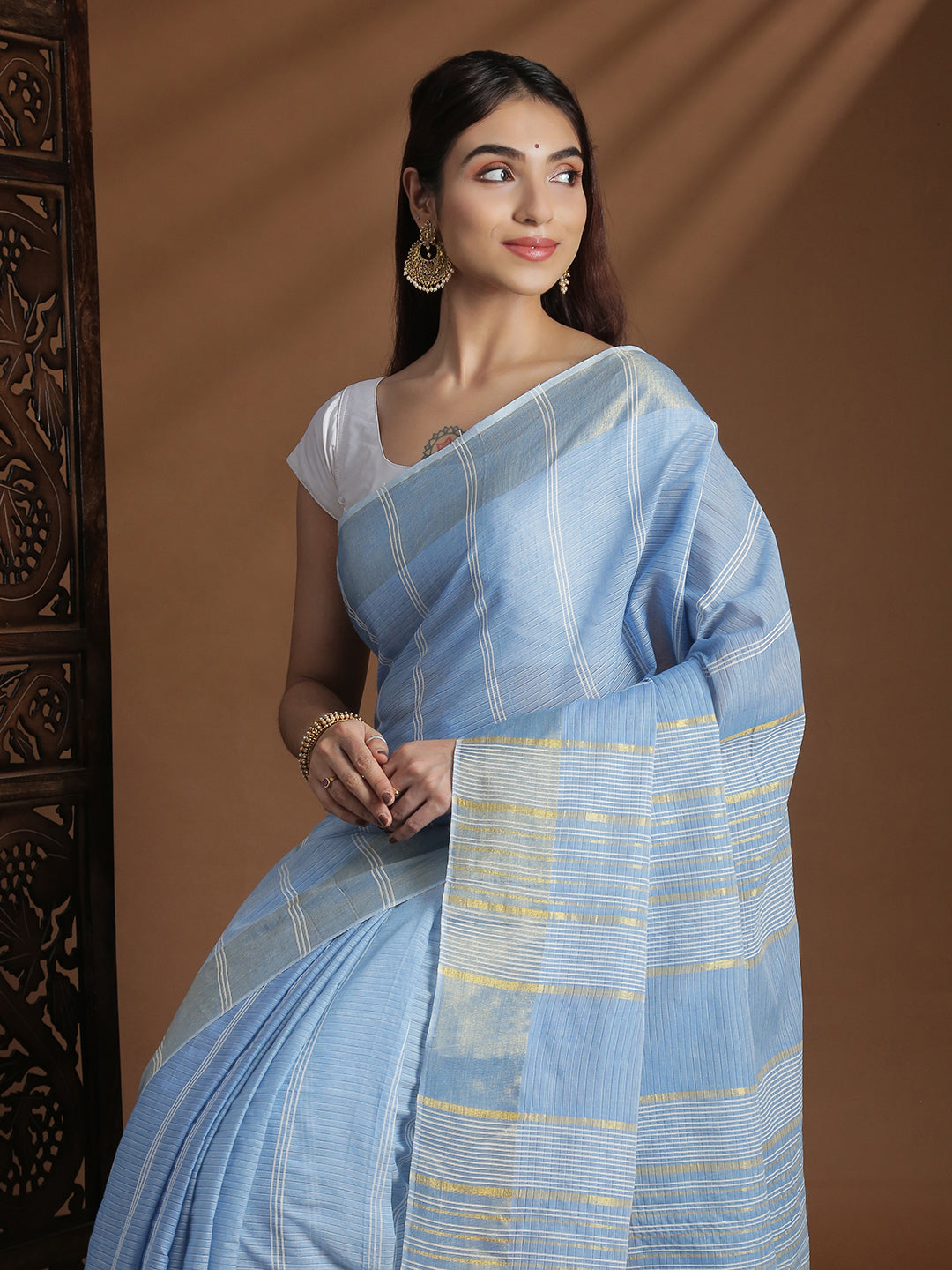 Women Blue Striped Cotton Jute Saree CJ09