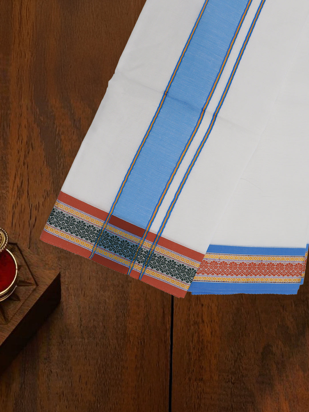 Men Cotton Blue Fancy Border Panchakacham with Angavasthram Keerthisena (9+5) KS02