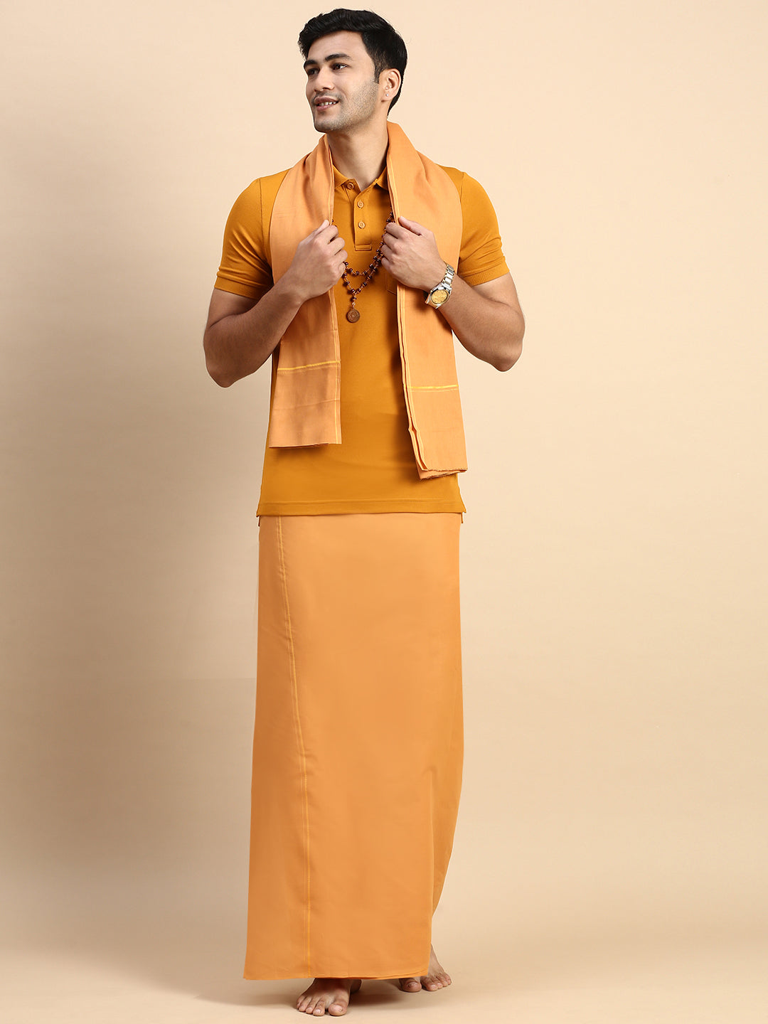 Men Devotional Small Border Dhoti with Towel & TShirt Set Kaavi EP41