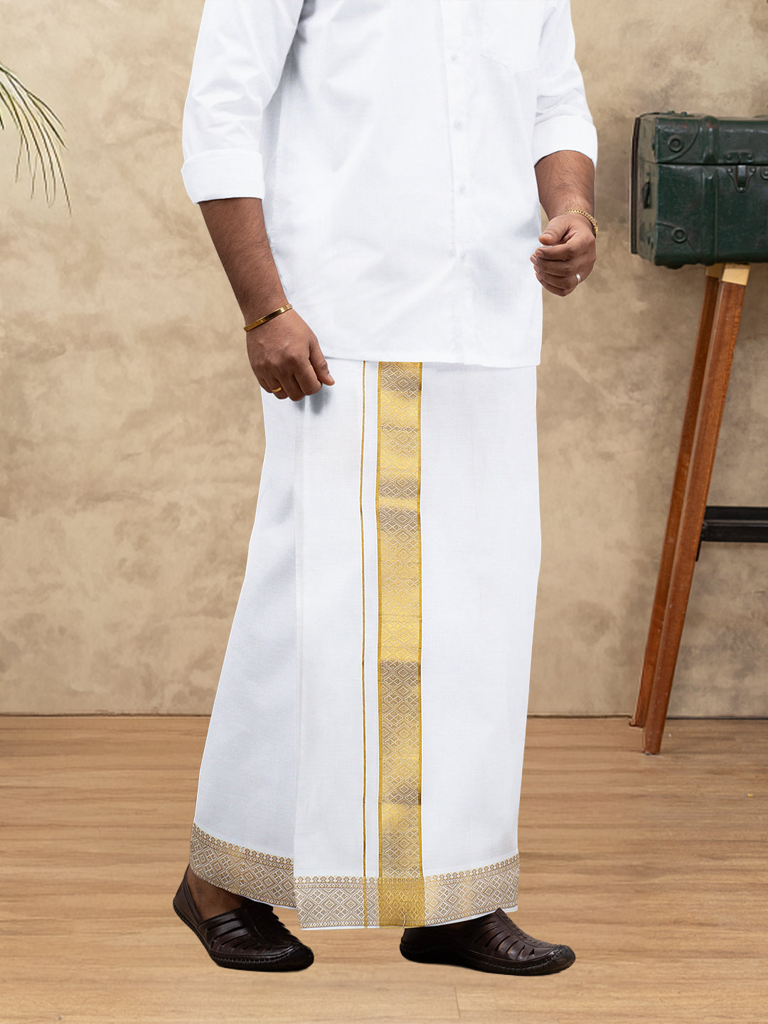 Men 100% Cotton Single Layer White Dhoti with Gold Jari Border Aura 294