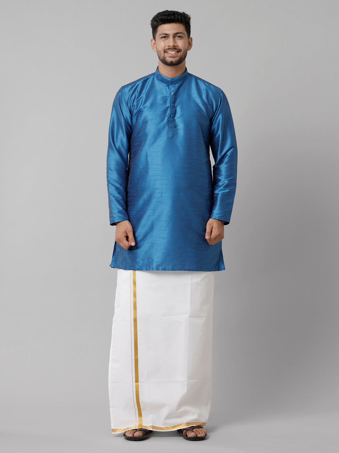 Mens Polyster Blue Medium Length Kurta with White 3/4" Gold Jari Dhoti Combo SL01