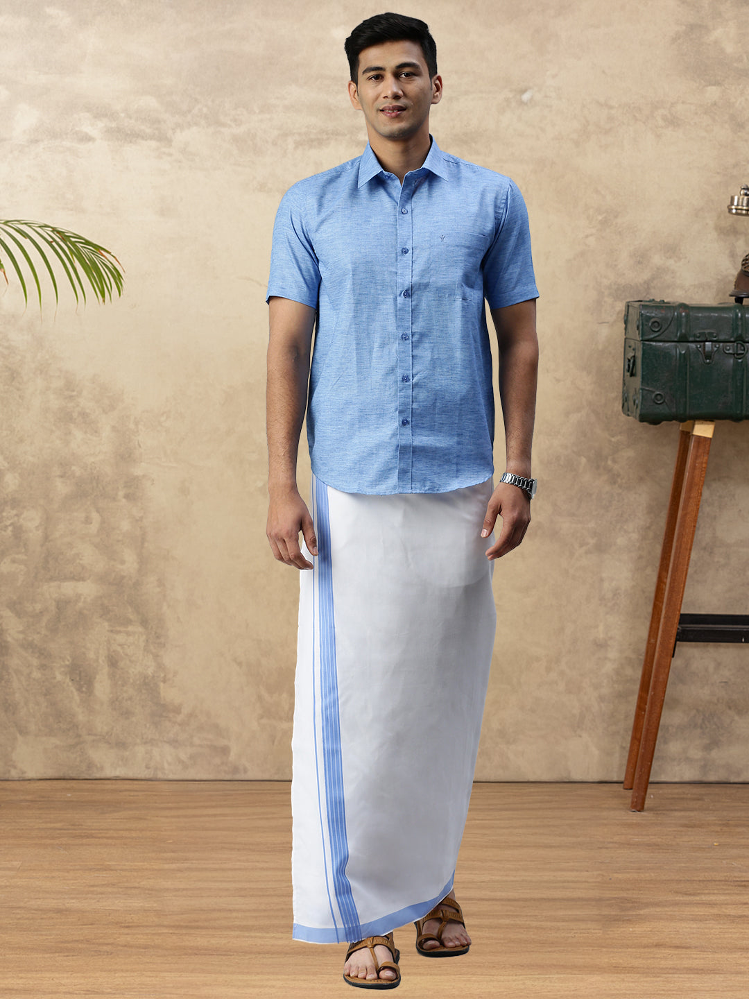 Mens Vetti Vaaram Matching Border Dhoti & Shirt Combo Blue