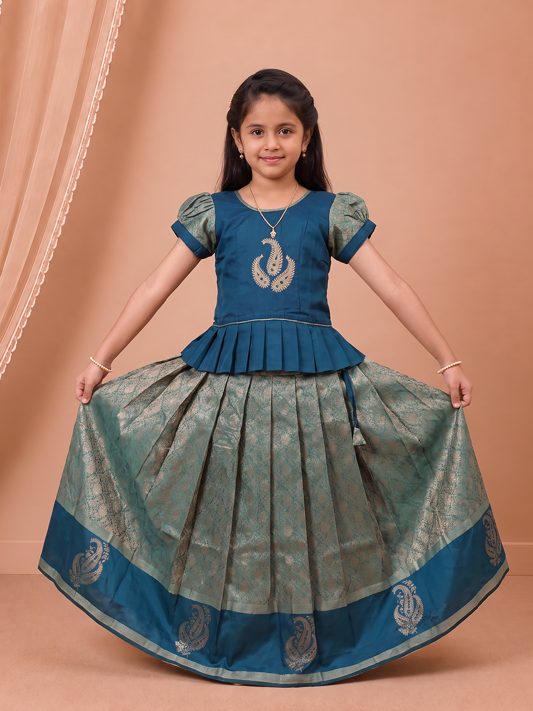Girls Art Silk Teal Blue Pattu Pavadai Set GPS82