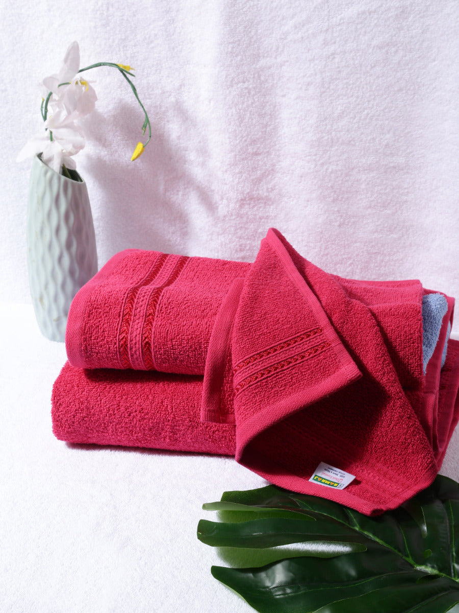 Premium Soft & Absorbent Dark Pink Terry Hand Towel, Face Towel & Bath Towel 3 in 1 Combo