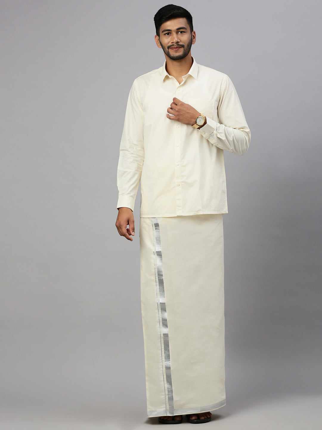 Men 100% Cotton Double Layer Cream Dhoti with 1"Silver Jari Border Chaitra