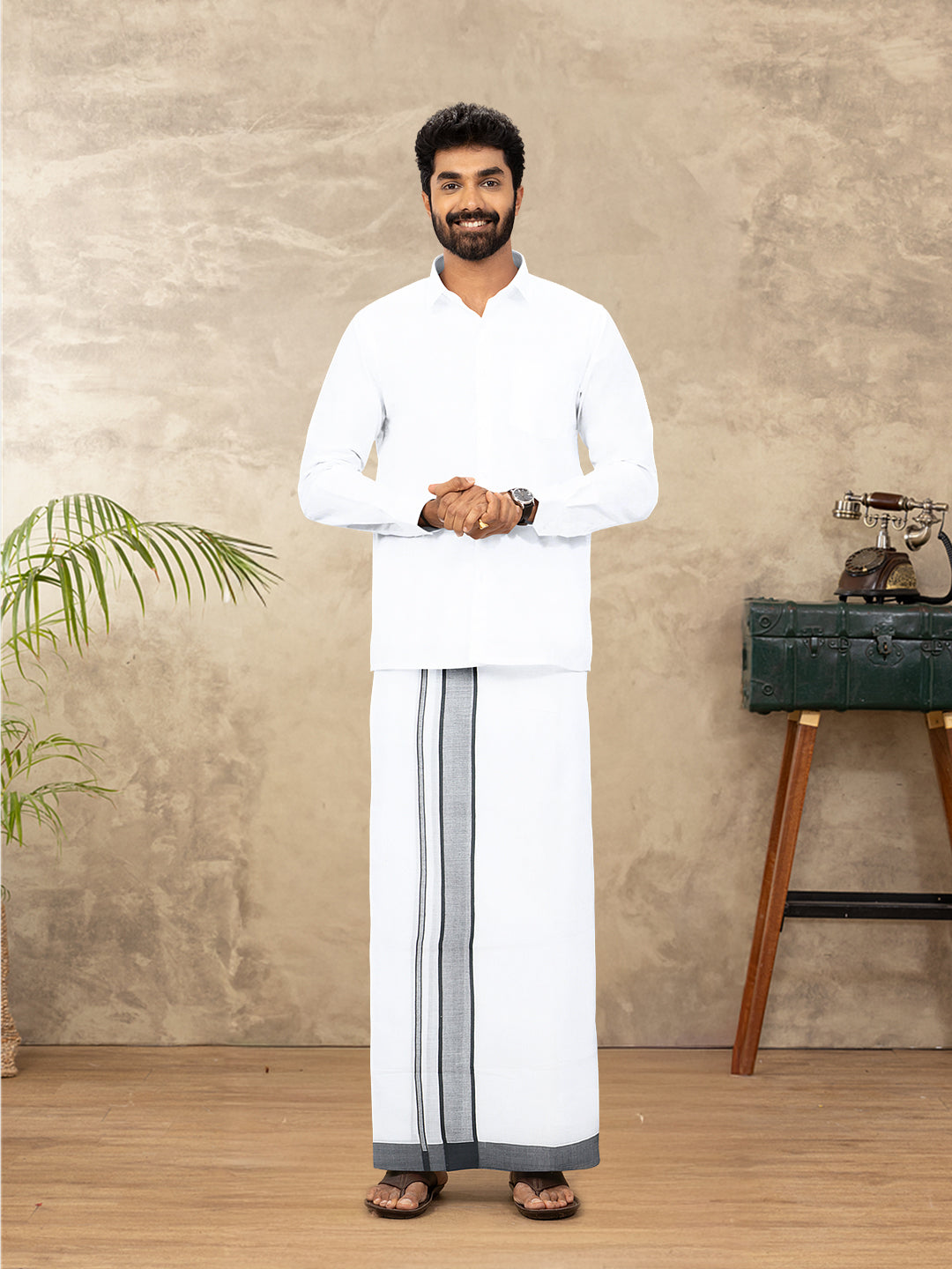 Men Cotton Blend Double Layer White Dhoti with Fancy Border Rivan Plain