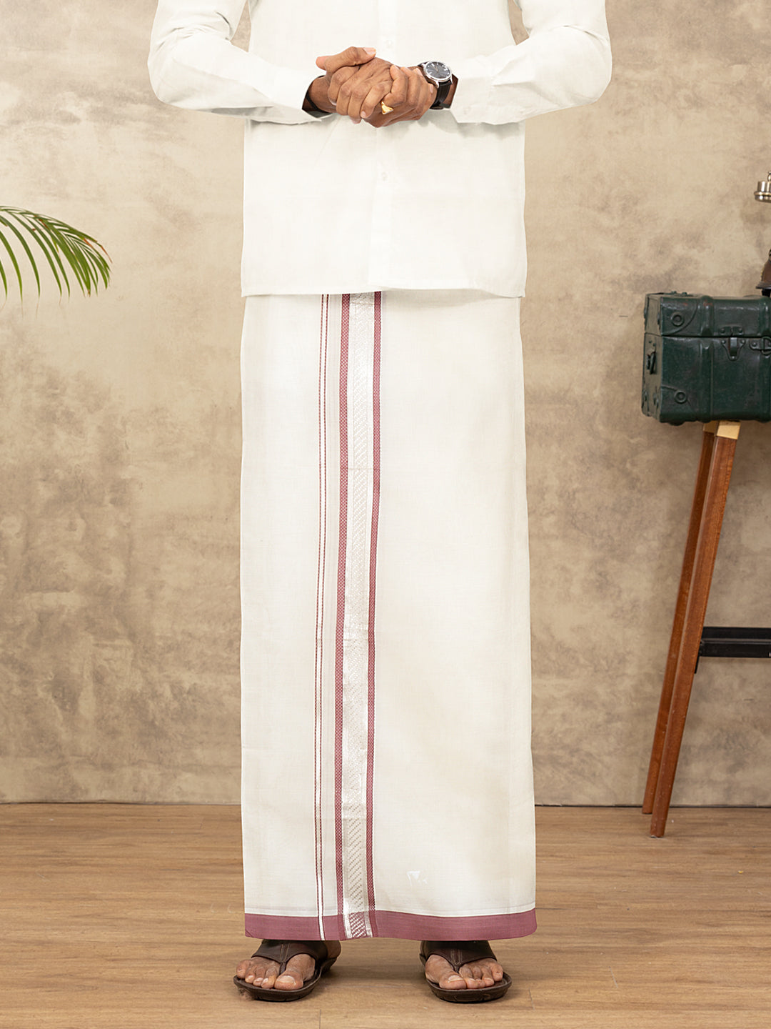 Men Kora Cotton Double Layer Dhoti with Maroon Fancy Jari Border EV02