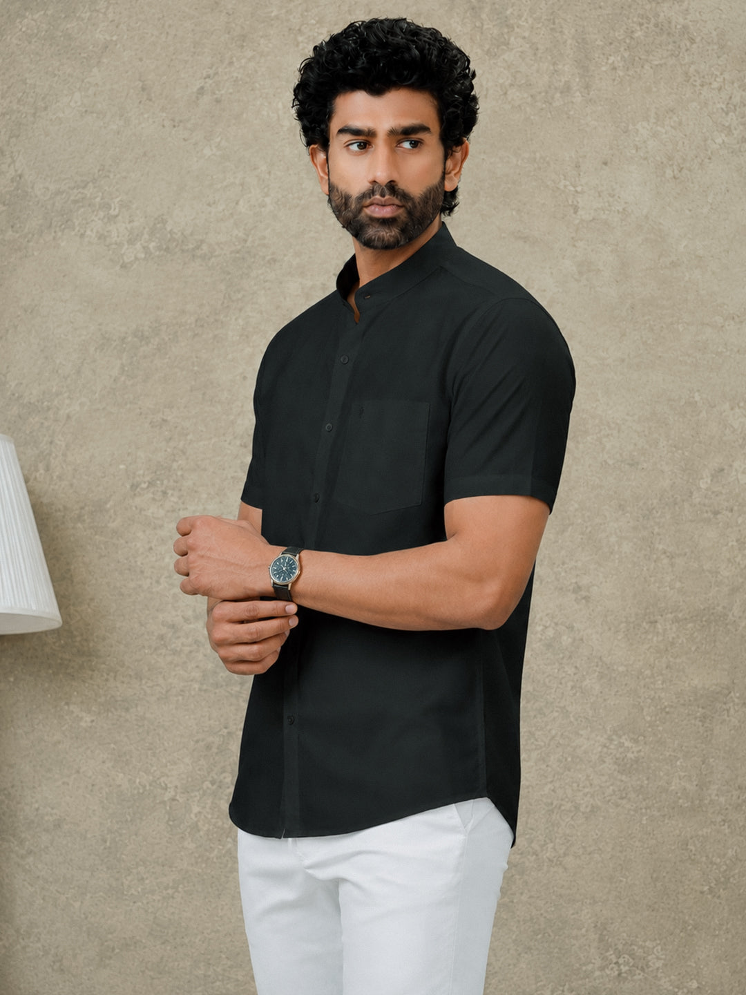 Men Cotton Rich Chinese Collar Shirt Culture Club Black