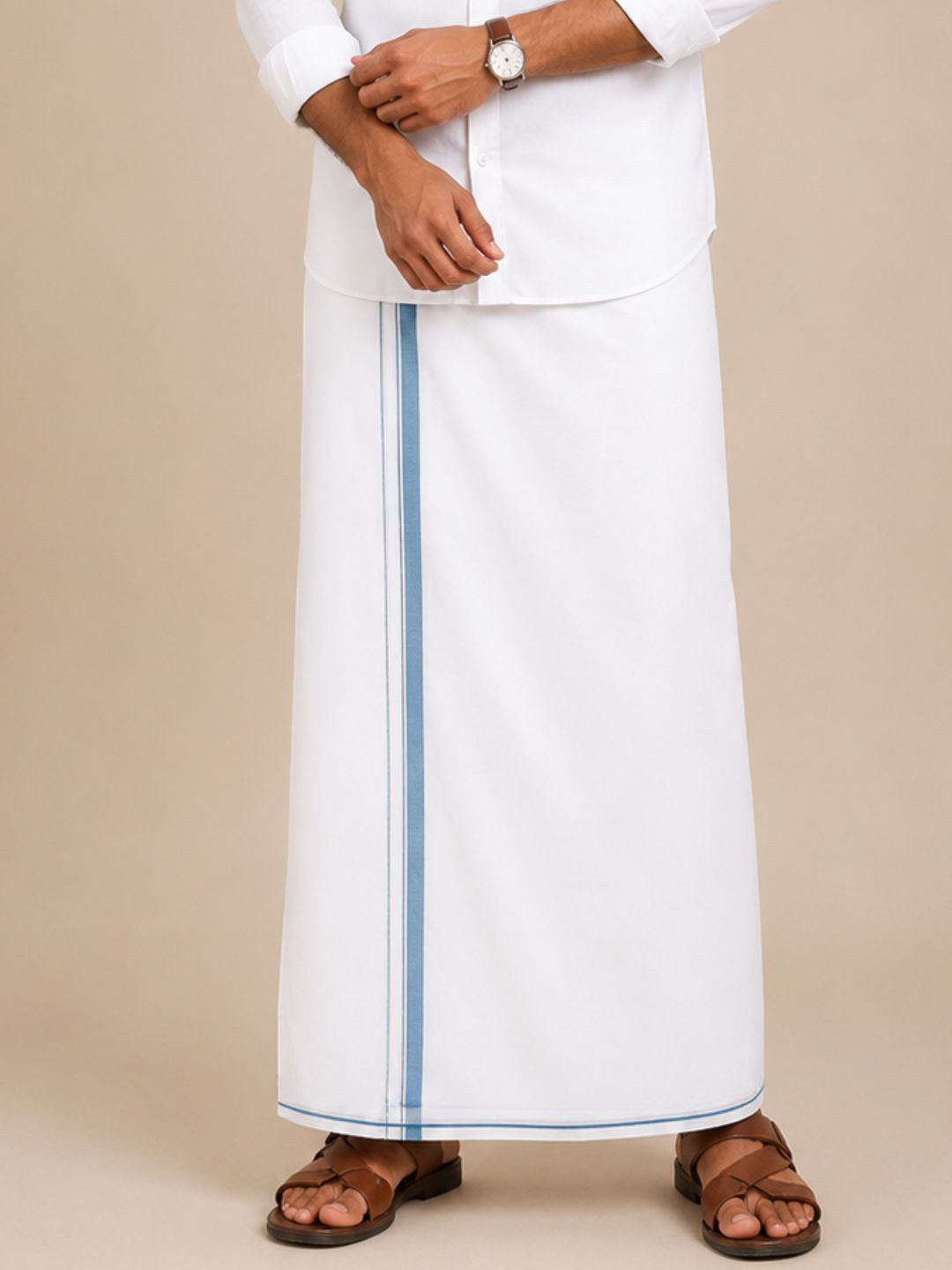 Men 100% Cotton Double Layer White Dhoti with Small Border Wisdom W01