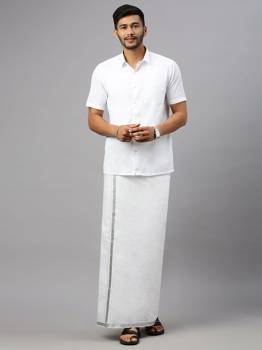 Mens Double Dhoti White with Silver Jari 1" Silver Rose