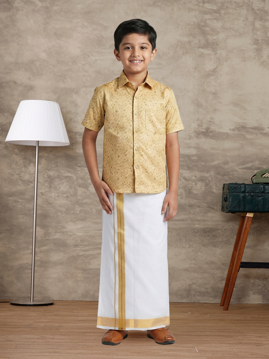 Boys Sandal Matching Border Dhoti With Printed Shirt Set Fusion PS21