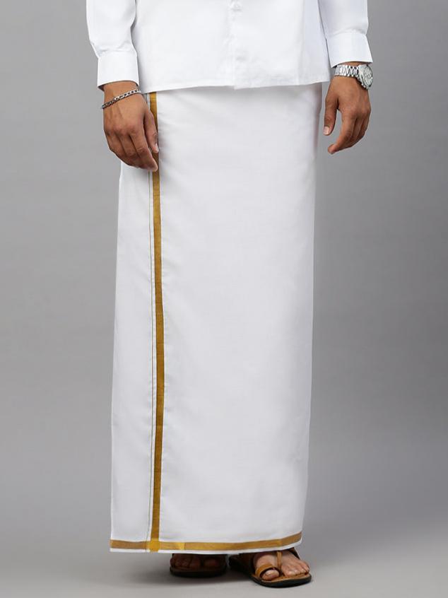 Men Cotton Blend Single Layer White Dhoti with 3/4" Gold Jari Border Agaram