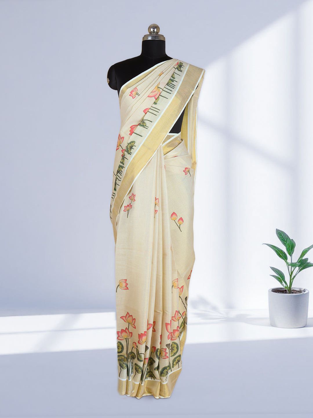 Women Kerala Tissue Gold with Lotus Designed Saree KS209