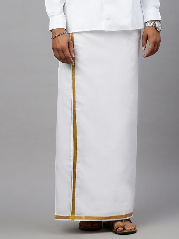 Men 100% Cotton Single Layer White Dhoti with 3/4" Gold Jari Border Agal (Pack of 2)