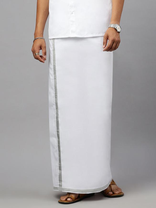 Men Cotton Blend Double Layer White Dhoti with Silver Jari Border Statesman