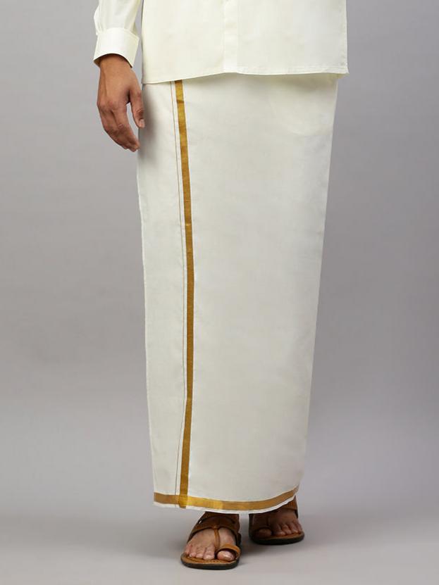 Men 100% Cotton Single Layer Cream Dhoti with 3/4" Gold Jari Border Career