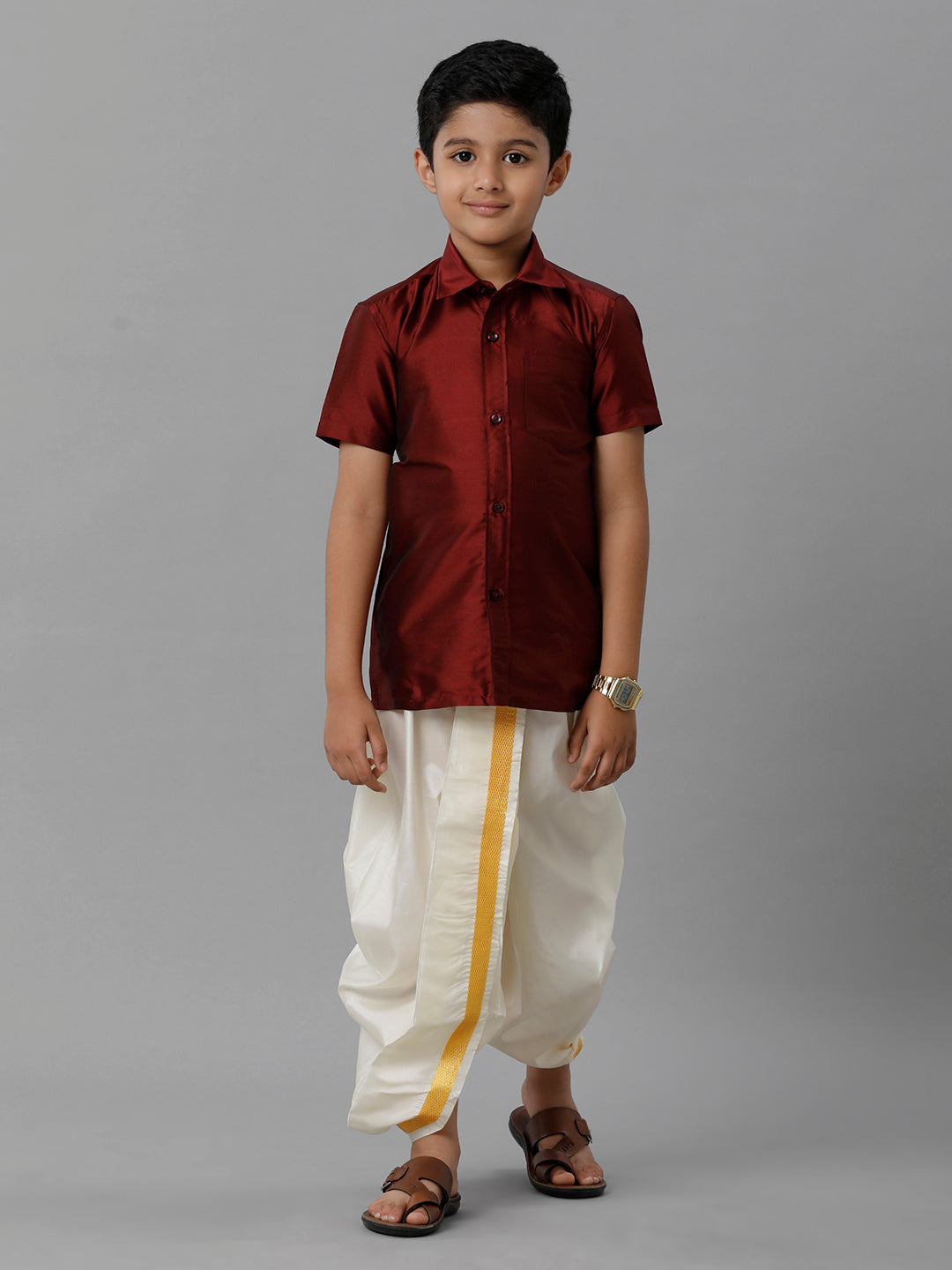 Boys Maroon Half Sleeves Shirt with Cream Panchakacham Set K7