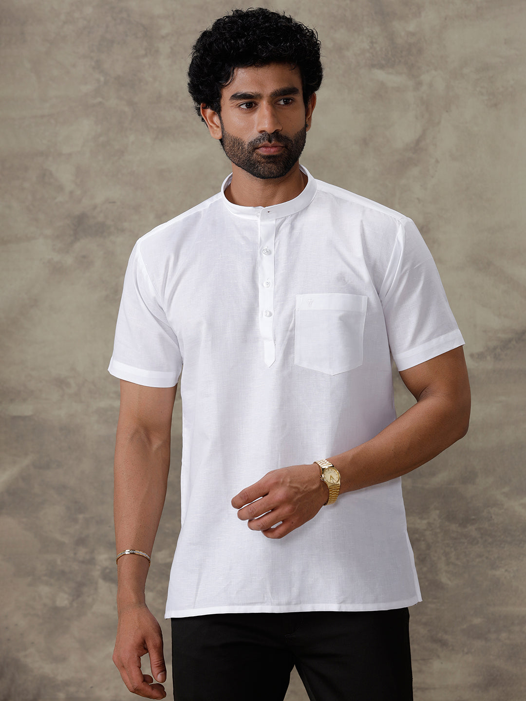 Men Linen Cotton Short Length Plain Pocket Kurta White MW2