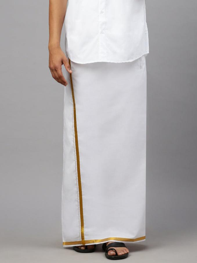 Men 100% Cotton Readymade Double Layer White Dhoti with Gold Jari Border 708