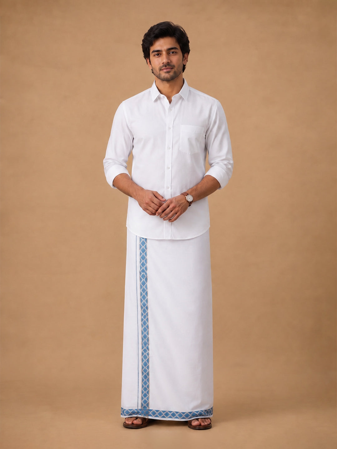 Men Premium Cotton Double Layer White Dhoti with Fancy Jari Border Luxury Elite LC32