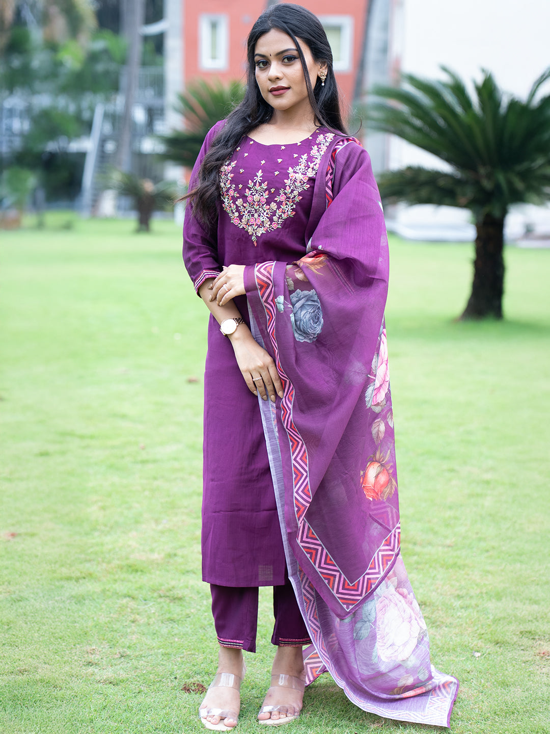 Women Dark Purple MM Silk Embroidered Kurti Set EKS125
