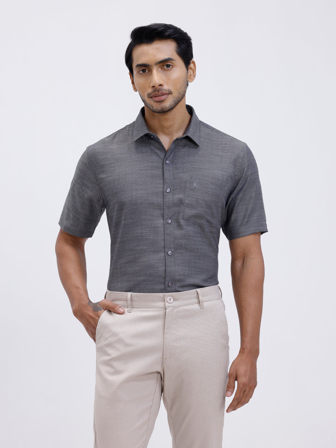 Men Cotton Rich Half Sleeve Shirt Grey Black Dobby T59 AIT5