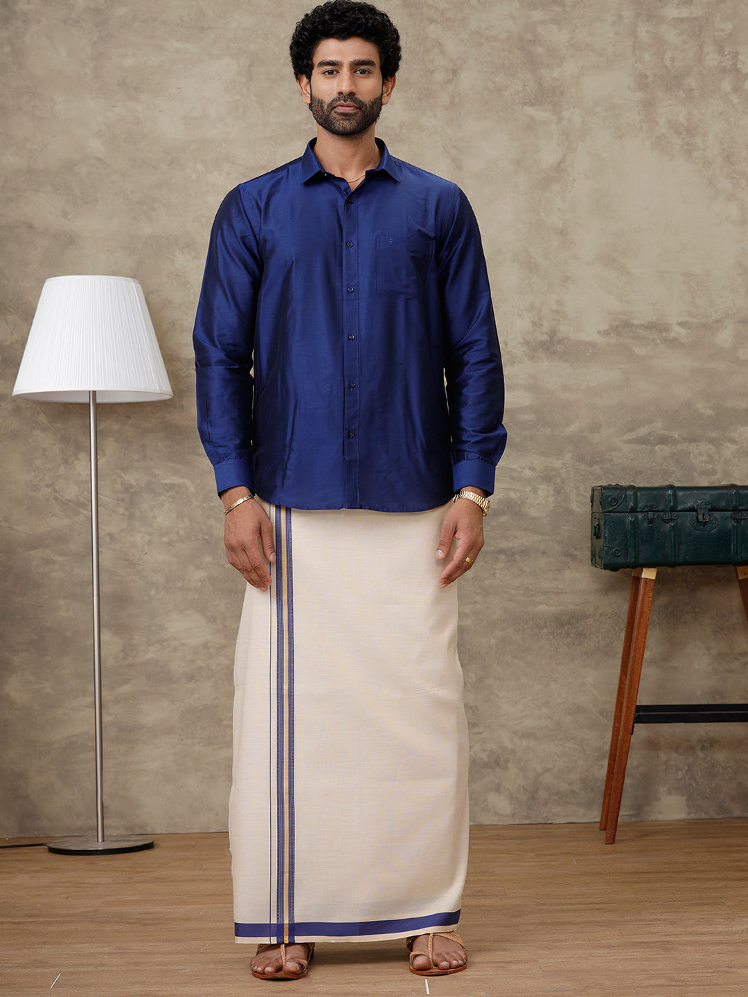 Men Cotton Rich Blue Shirt and Tissue Dhoti Set SMC4