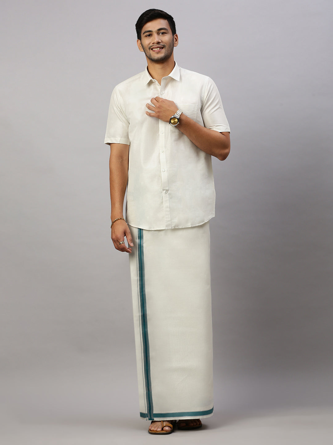 Men Tissue Green Fancy Border with Silver Single Dhoti - Extreme Silver ESCF01