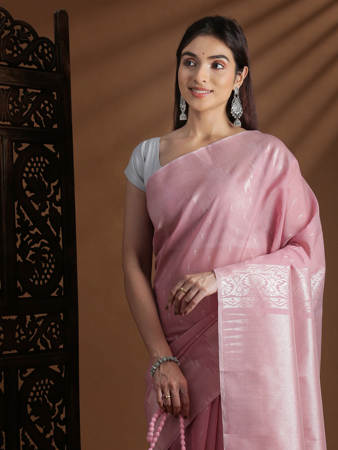 Women Light Pink Semi Kora Cotton Saree SK134