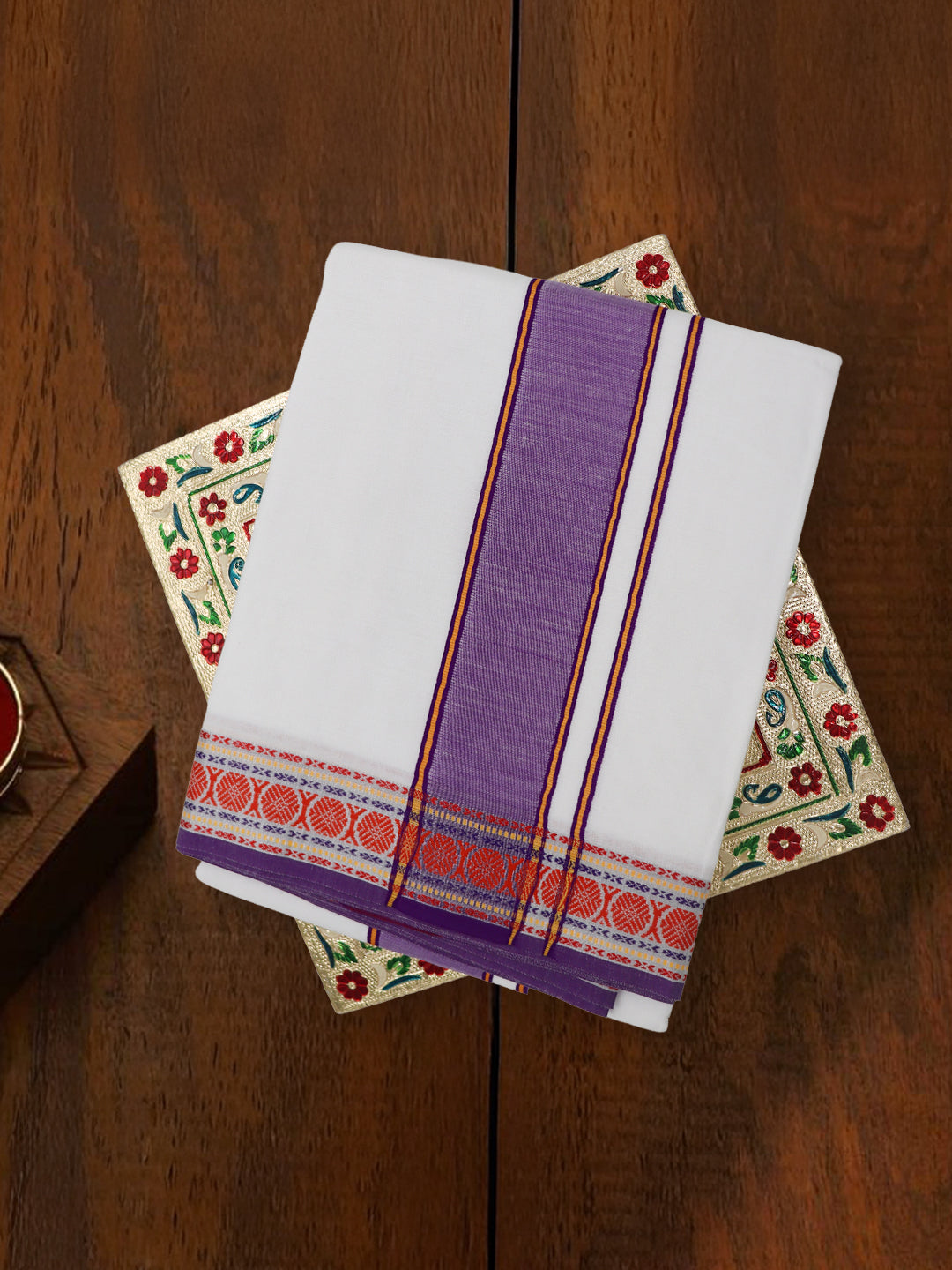 Men Cotton Violet Fancy Border Panchakacham with Angavasthram Keerthisena (9+5) KS05