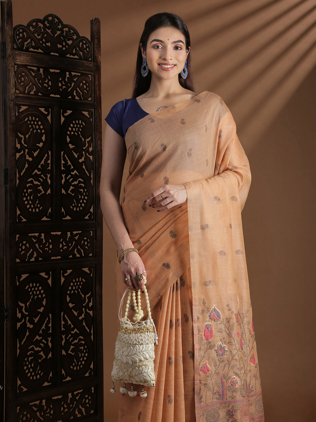 Women Peach Cotton Weaving Saree PCS254