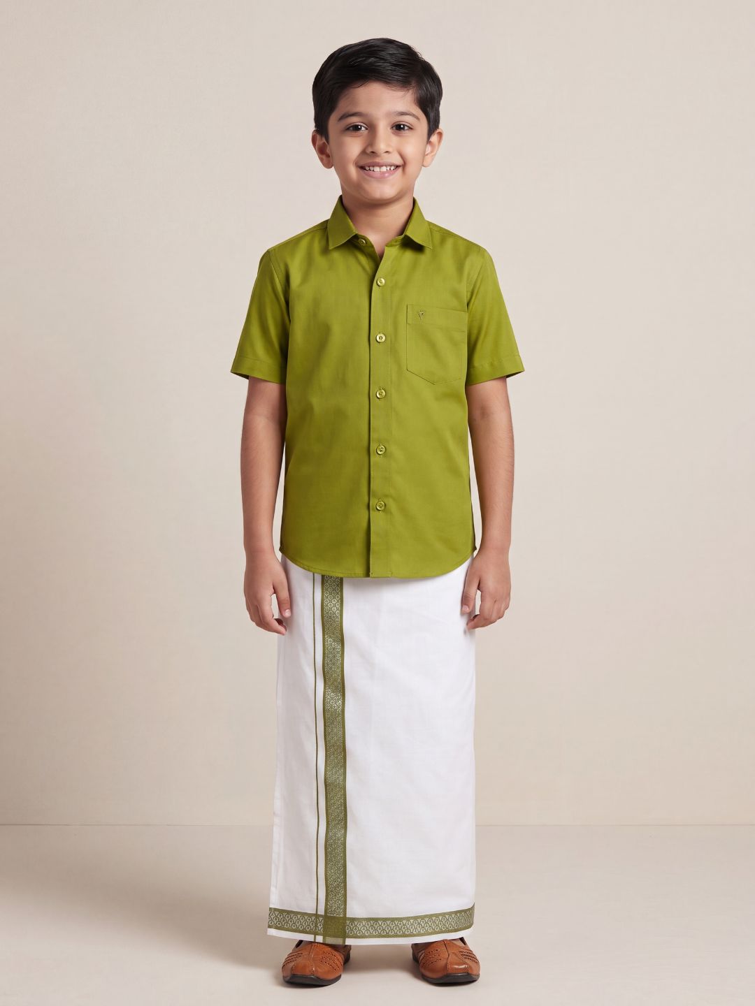 Boys 100% Cotton Pesto Green Shirt and Fancy Border Dhoti Set BT9