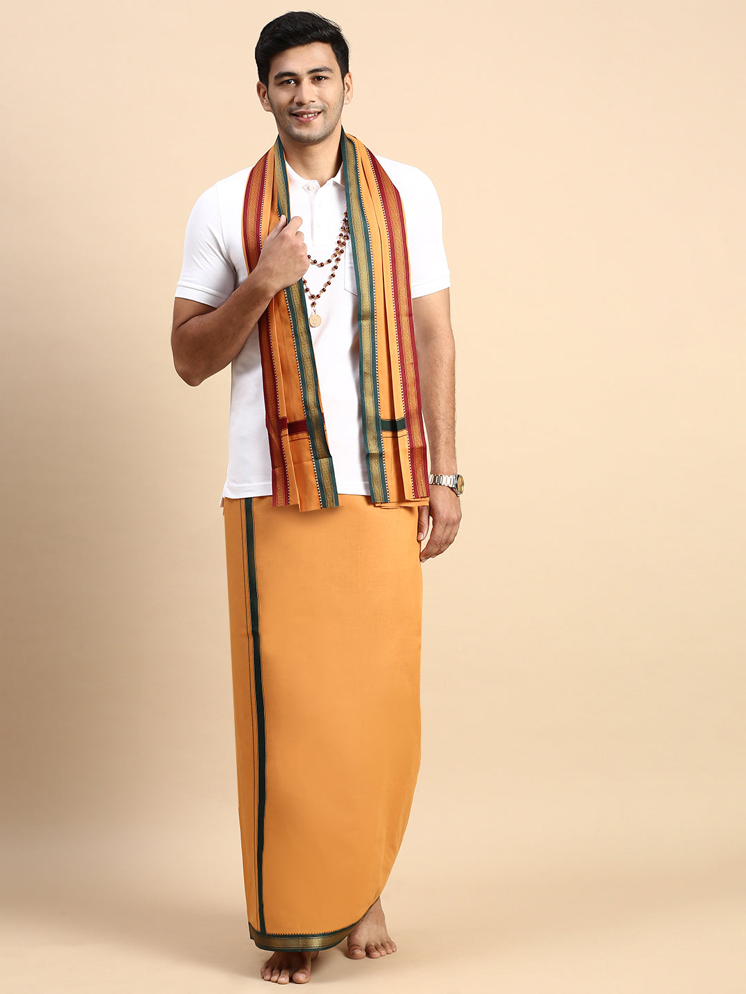 Men Devotional Mayilkhan Border Dhoti with Towel & TShirt Set Kaavi EP1