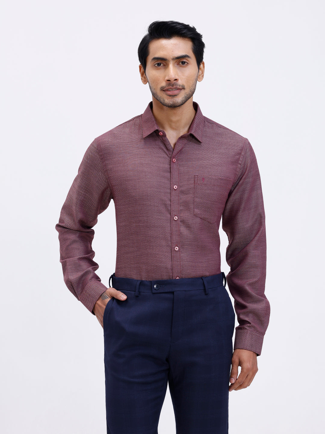 Men Cotton Rich Full Sleeve Shirt Maroon Red Dobby T59 AIT2