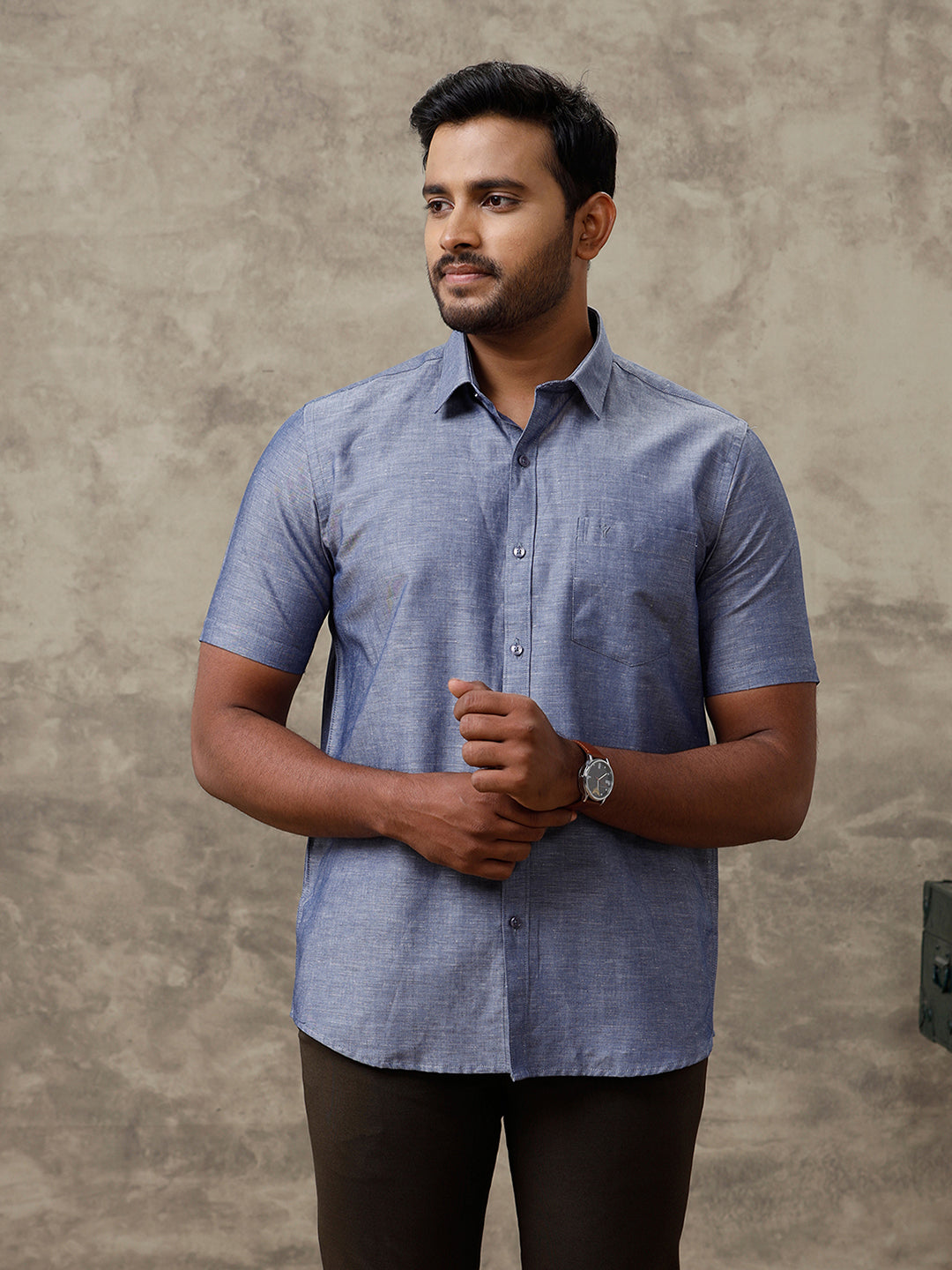 Men Linen Cotton Shirt Grey Blue LF6