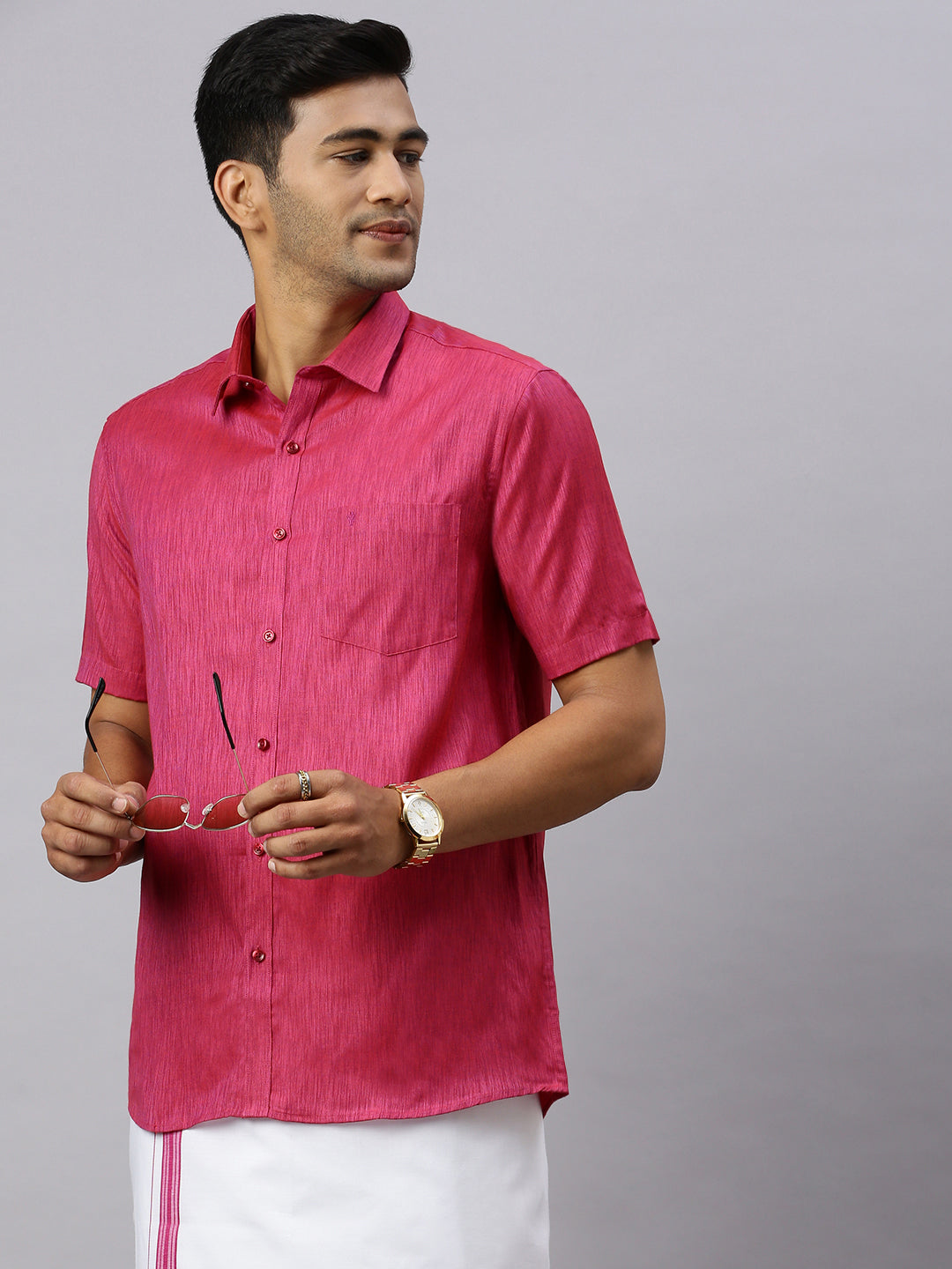 Men Magenta Matching Border Dhoti & Half Sleeves Shirt Set CV2