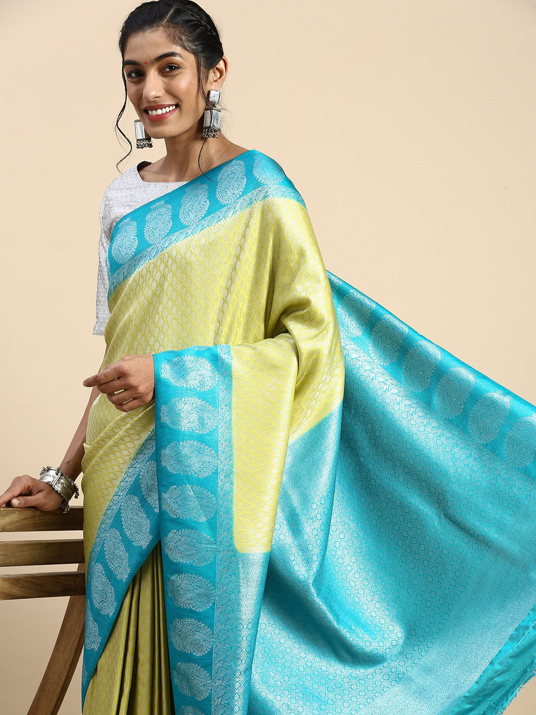 Womens Semi Silk Checked All Over Design Light Green & Blue Silver Jari Saree AS05-Side view