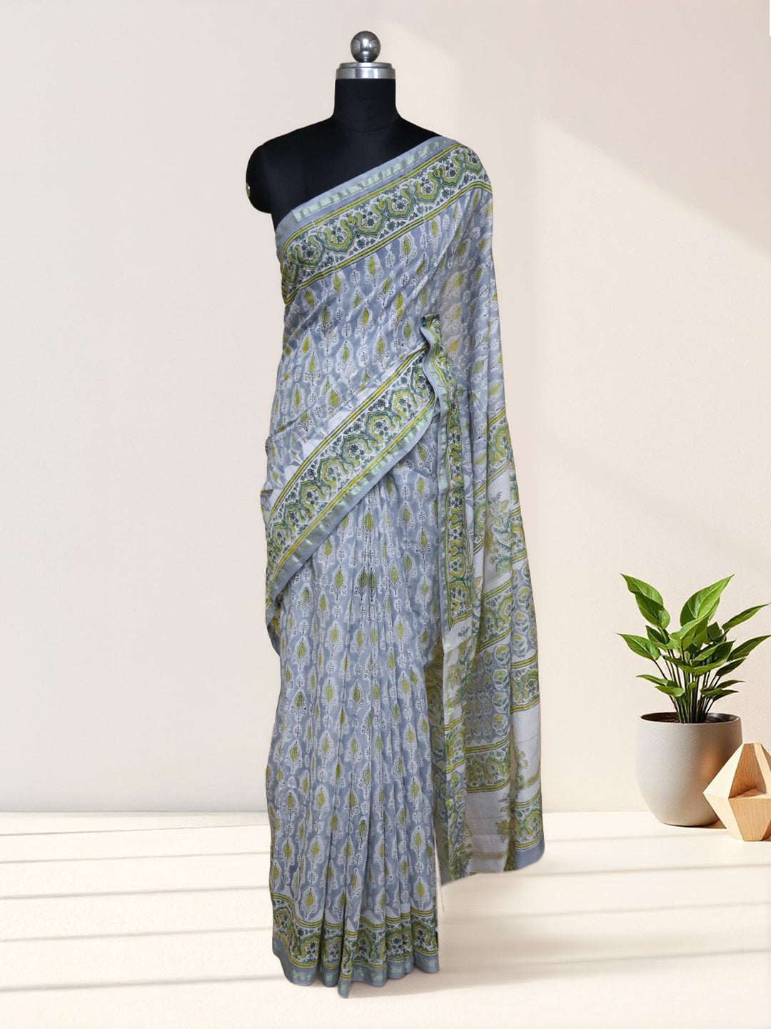 Women Light Blue Pure Chanderi Cotton Printed Saree SC75