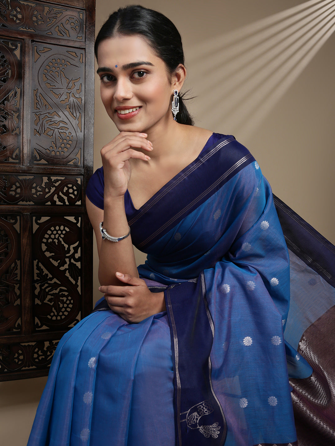 Women Blue Semi Kora Cotton Saree SK116