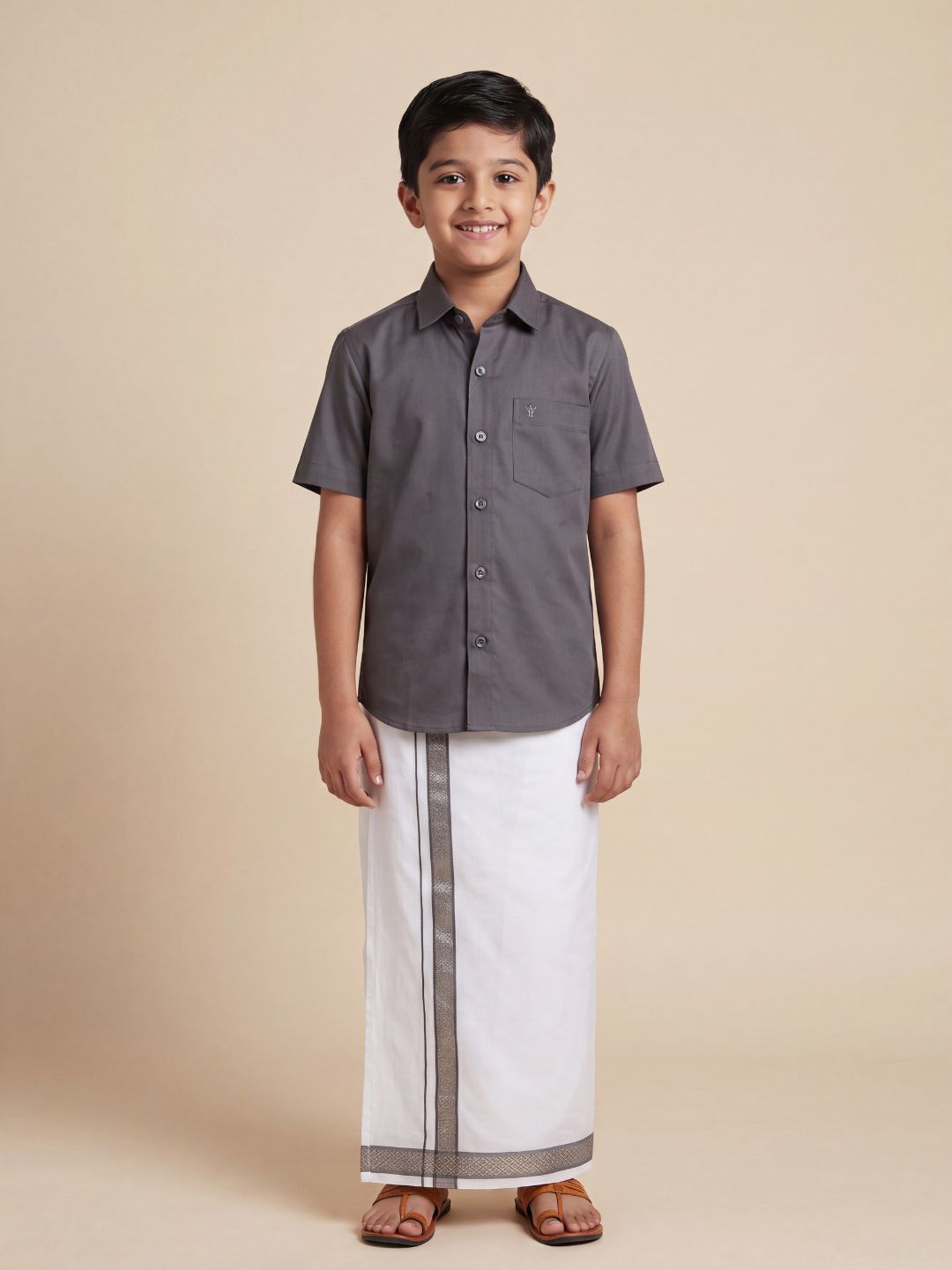 Boys 100% Cotton Shuttle Grey Shirt and Fancy Jari Border Dhoti Set BT6