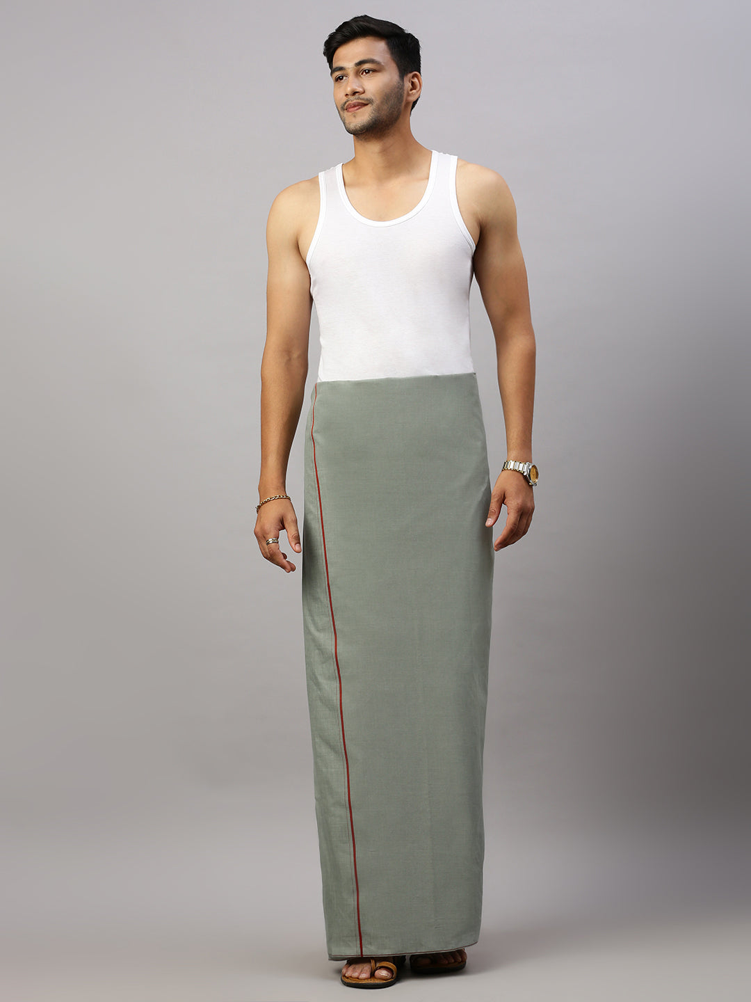 Men Cotton Blend Single Layer Cement Dhoti with Assorted Border Bhakta